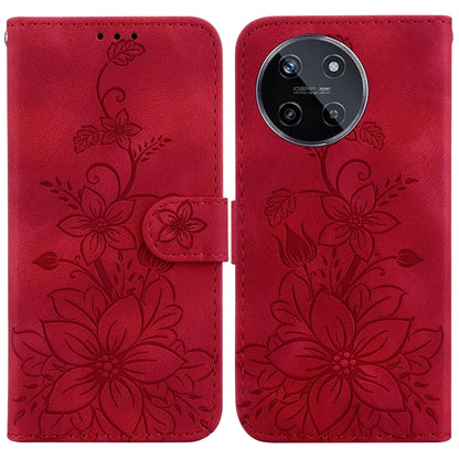 Embossed leather phone case in red with floral design, flip cover, and strap closure