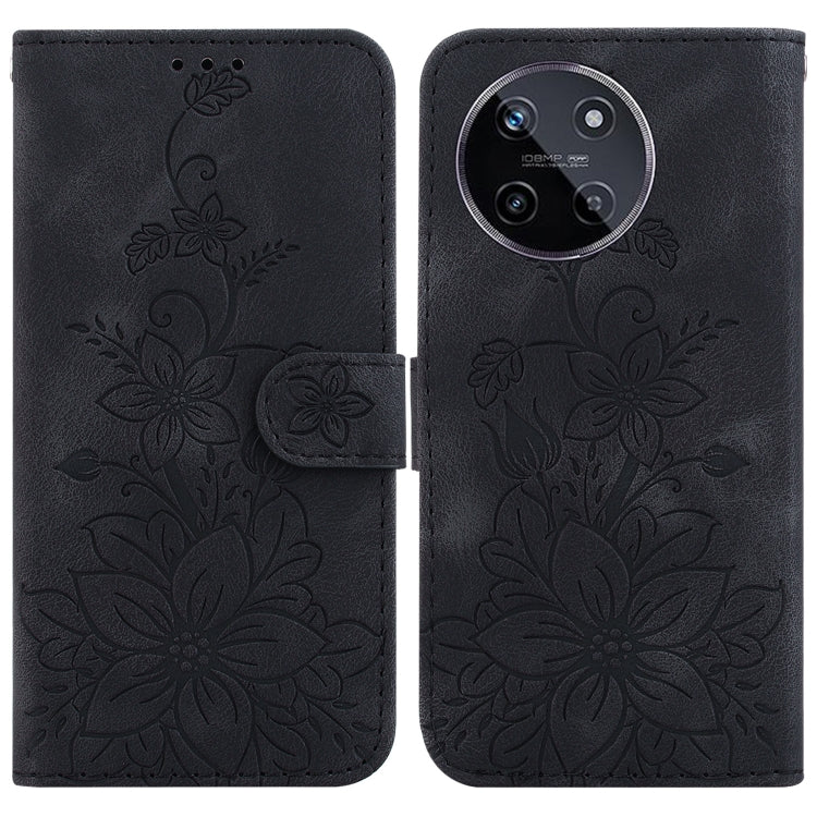 Embossed leather phone case in dark gray with floral design, flip cover, and strap closure