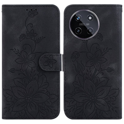 Embossed leather phone case in dark gray with floral design, flip cover, and strap closure