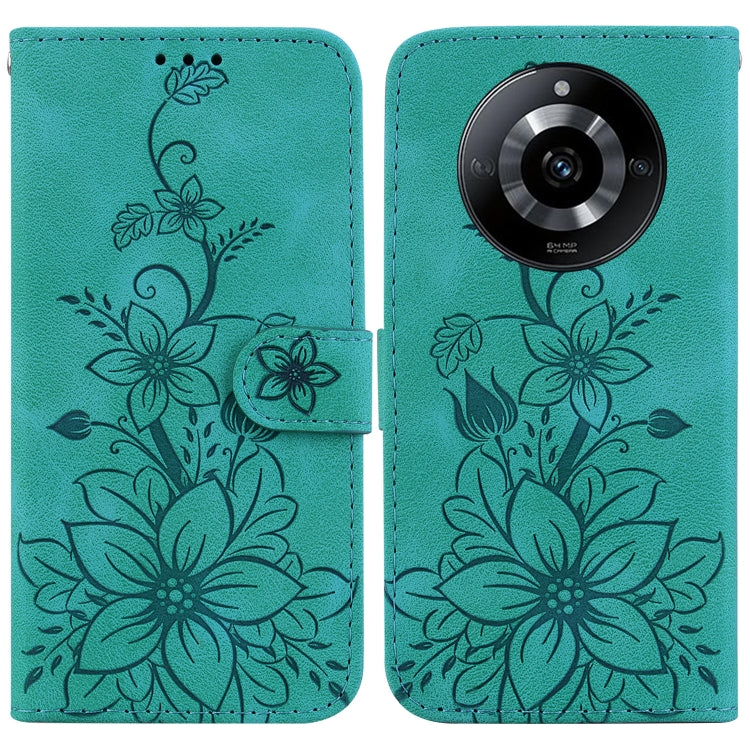 Teal embossed floral leather phone case with folio flap and camera cutout.