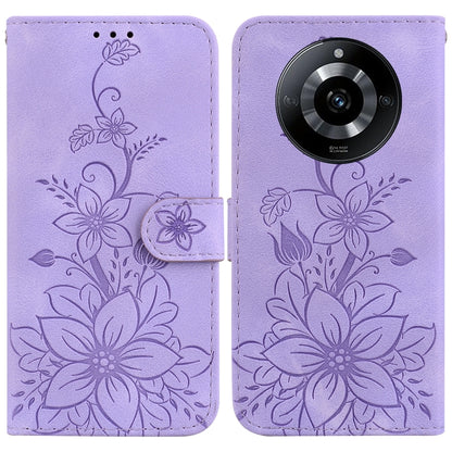 Purple embossed floral leather phone case with folio flap and camera cutout.