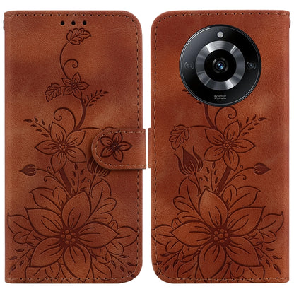 Brown embossed floral leather phone case with folio flap and camera cutout.