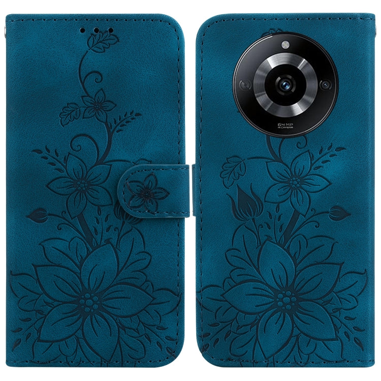 Dark teal embossed floral leather phone case with folio flap and camera cutout.