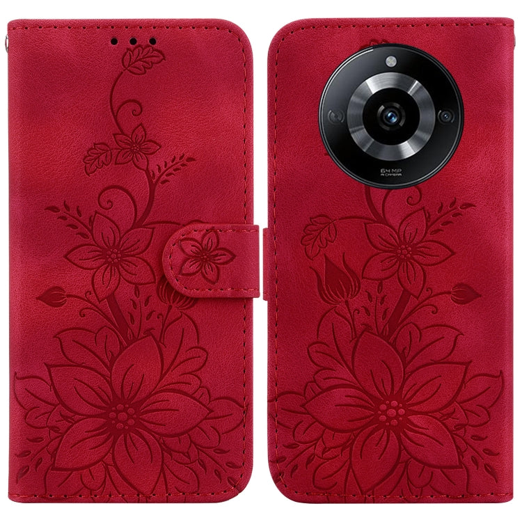 Red embossed floral leather phone case with folio flap and camera cutout.