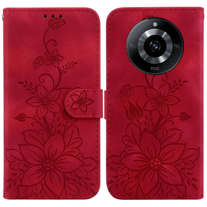 Red embossed floral leather phone case with folio flap and camera cutout.