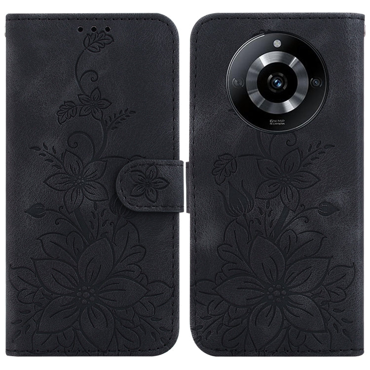 Black embossed floral leather phone case with folio flap and camera cutout.