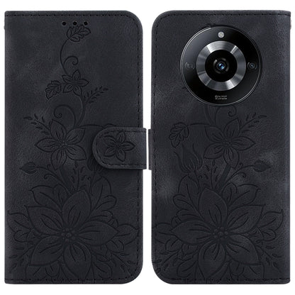 Black embossed floral leather phone case with folio flap and camera cutout.