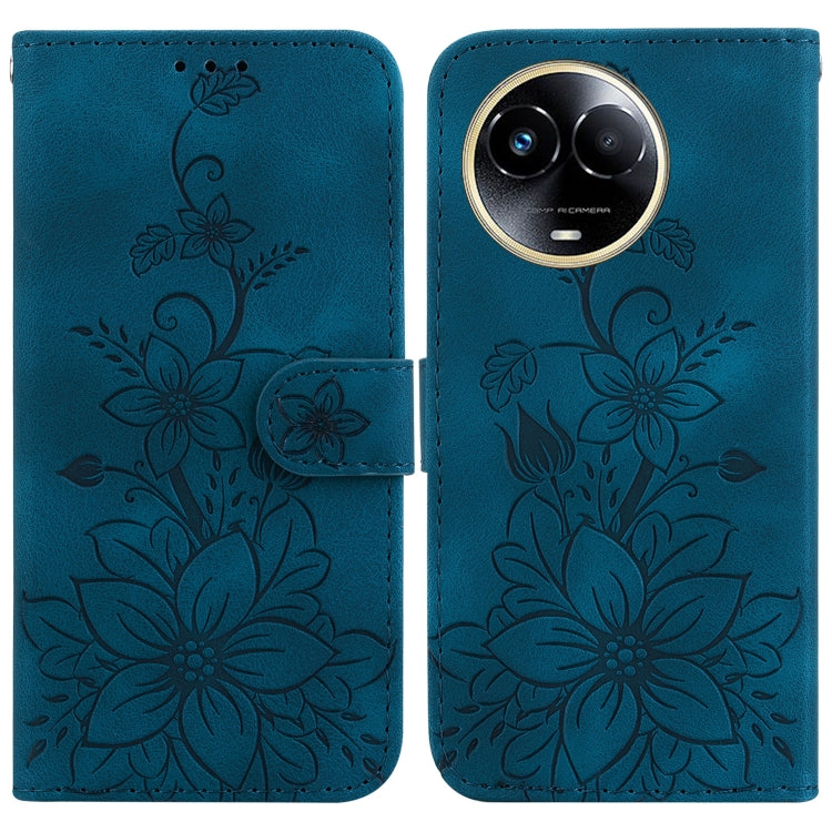 Blue embossed floral leather folio phone case with camera cutout and side button cover.
