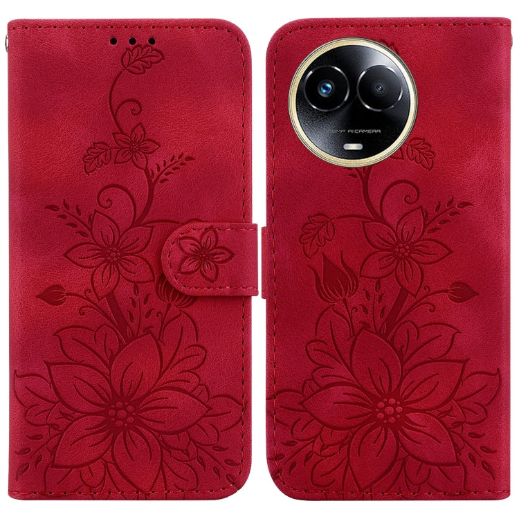 Red embossed leather phone case with floral pattern and flip folio wallet cutout