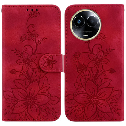 Red embossed leather phone case with floral pattern and flip folio wallet cutout