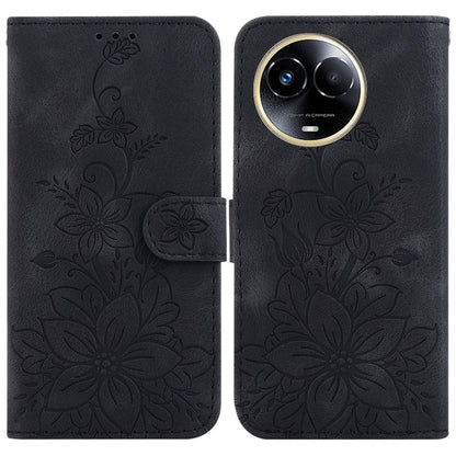 Dark blue embossed leather phone case with floral pattern and flip folio wallet cutout