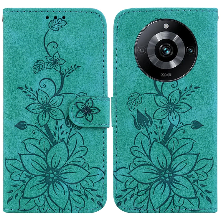 Teal embossed leather phone case with floral pattern and flip folio wallet cutout