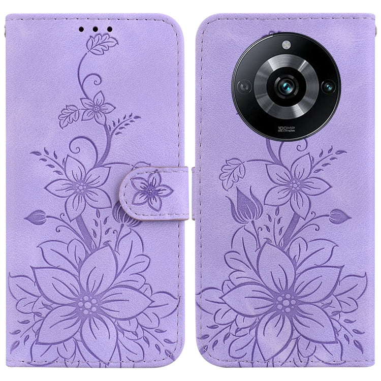 Purple embossed leather phone case with floral pattern and flip folio wallet cutout
