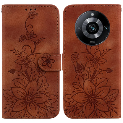 Brown embossed leather phone case with floral pattern and flip folio wallet cutout