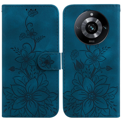 Blue embossed leather phone case with floral pattern and flip folio wallet cutout