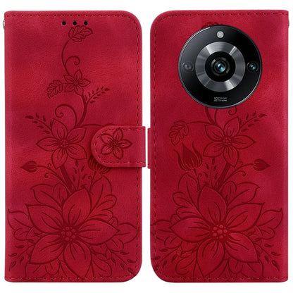 Red embossed leather flip phone case with floral pattern and camera cutout