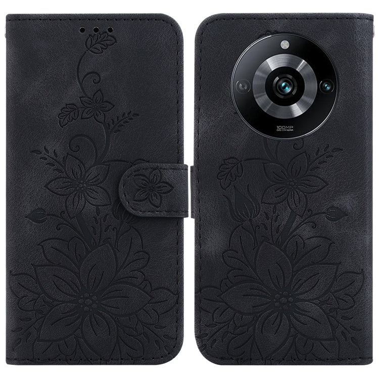 Dark blue embossed leather flip phone case with floral pattern and camera cutout