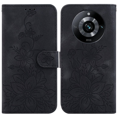 Dark blue embossed leather flip phone case with floral pattern and camera cutout