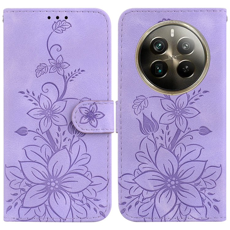 Floral embossed leather phone wallet case, lavender, magnetic strap, camera cutout