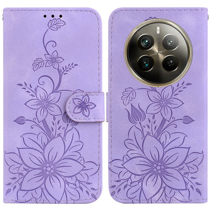 Floral embossed leather phone wallet case, lavender, magnetic strap, camera cutout