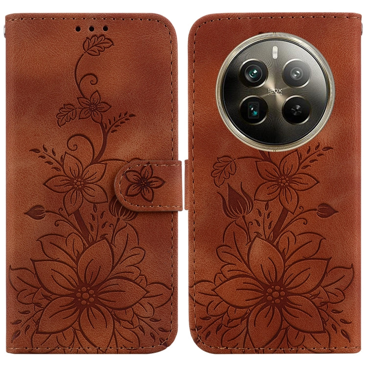 Floral embossed leather phone wallet case, brown, magnetic strap, camera cutout