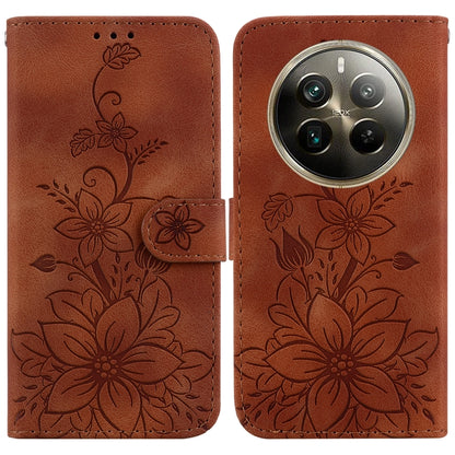 Floral embossed leather phone wallet case, brown, magnetic strap, camera cutout
