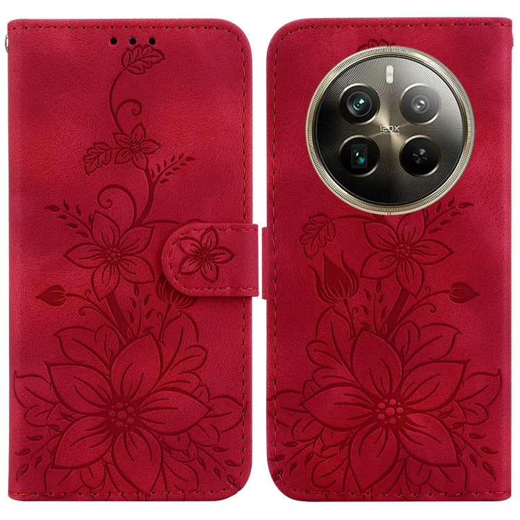 Floral embossed leather phone wallet case, red, magnetic strap, camera cutout
