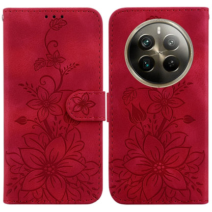 Floral embossed leather phone wallet case, red, magnetic strap, camera cutout