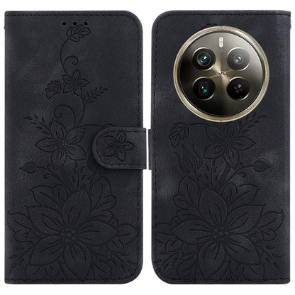 Floral embossed leather phone wallet case, dark gray/black, magnetic strap, camera cutout