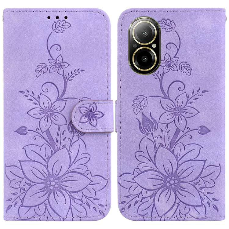 Floral embossed leather phone wallet case, light purple, magnetic strap, camera cutout