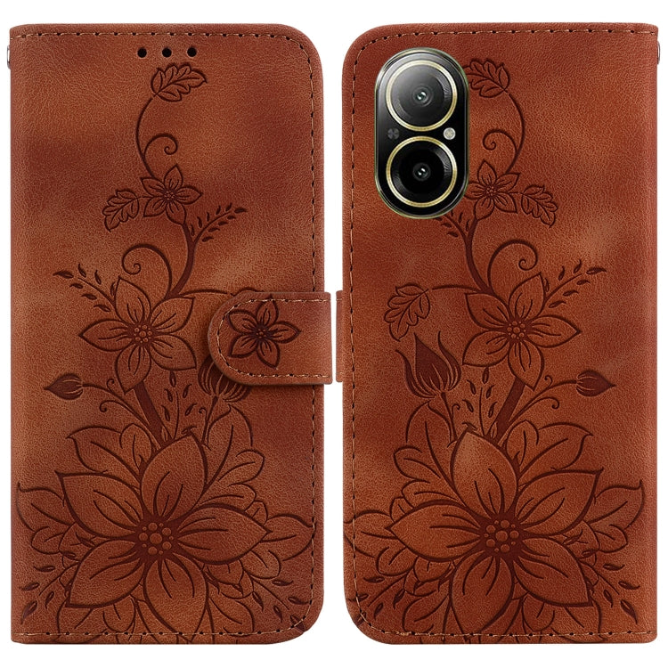 Embossed leather phone case in brown with floral design, flip cover, and strap closure