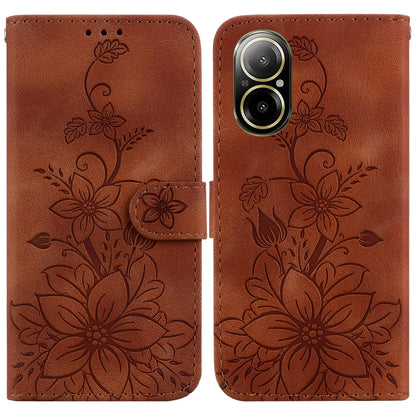 Embossed leather phone case in brown with floral design, flip cover, and strap closure