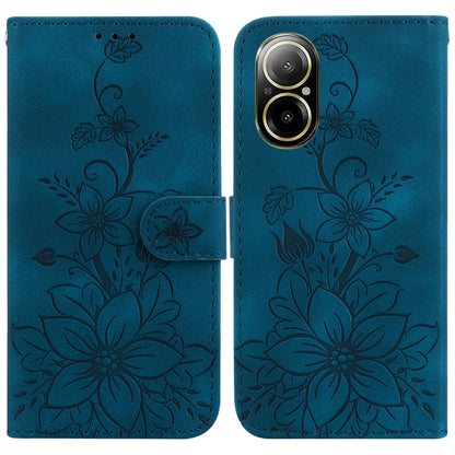 Embossed leather phone case in dark blue with floral design, flip cover, and strap closure
