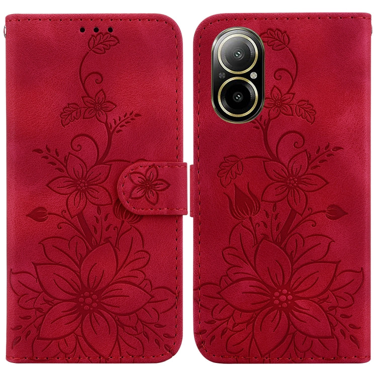 Embossed leather phone case in red with floral design, flip cover, and strap closure