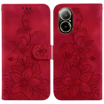 Embossed leather phone case in red with floral design, flip cover, and strap closure