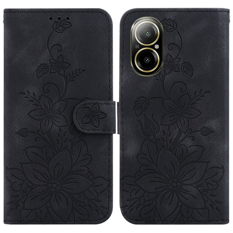 Embossed leather phone case in dark gray with floral design, flip cover, and strap closure