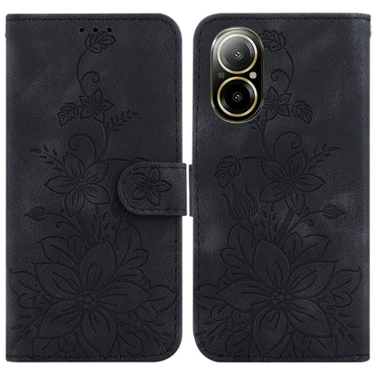 Embossed leather phone case in dark gray with floral design, flip cover, and strap closure
