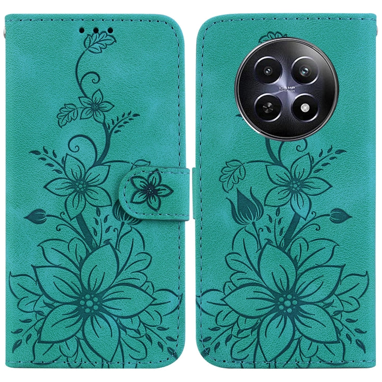 Teal embossed floral leather phone case with magnetic strap and cutout for rear cameras