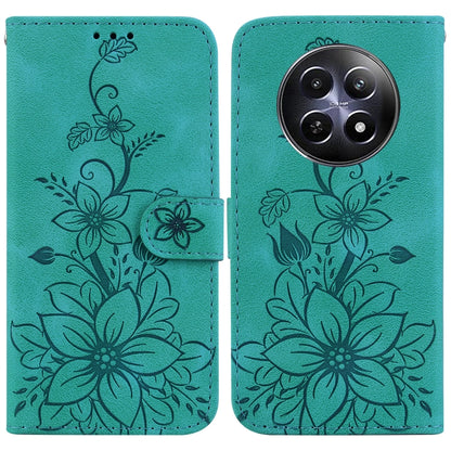 Teal embossed floral leather phone case with magnetic strap and cutout for rear cameras