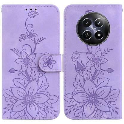 Purple embossed floral leather phone case with magnetic strap and cutout for rear cameras