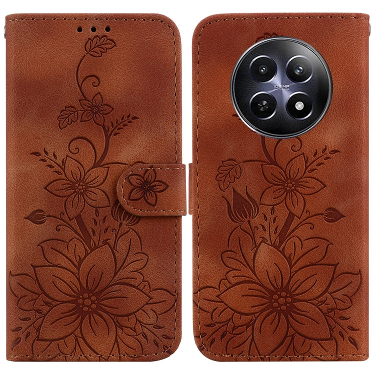 Brown embossed floral leather phone case with magnetic strap and cutout for rear cameras