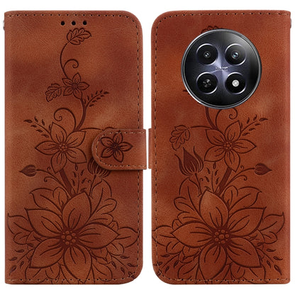 Brown embossed floral leather phone case with magnetic strap and cutout for rear cameras