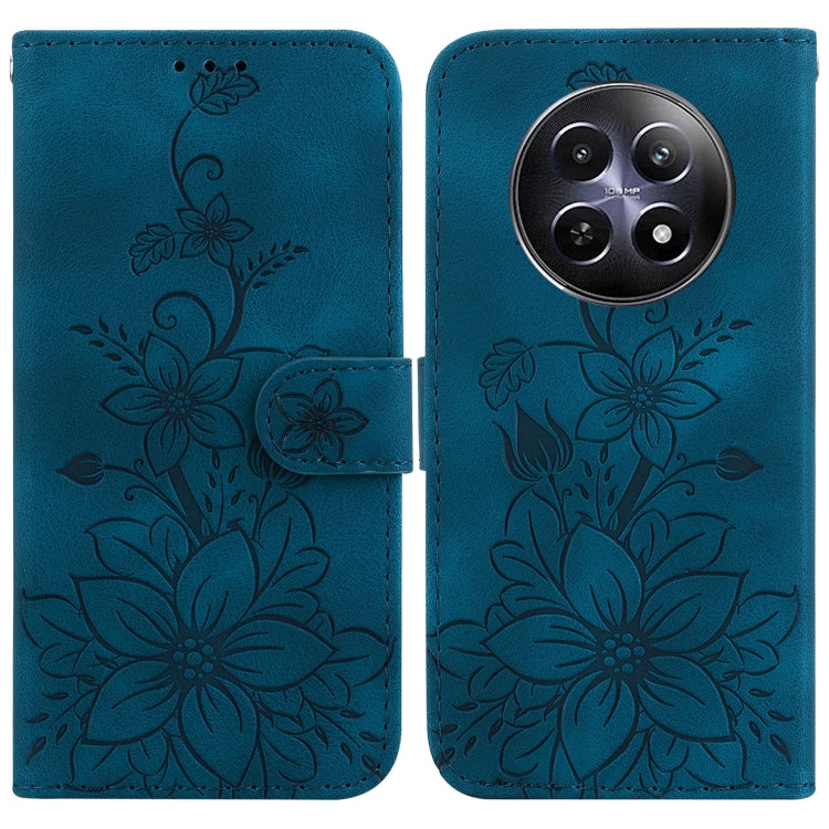 Teal embossed floral leather phone case with magnetic strap and rear camera cutout