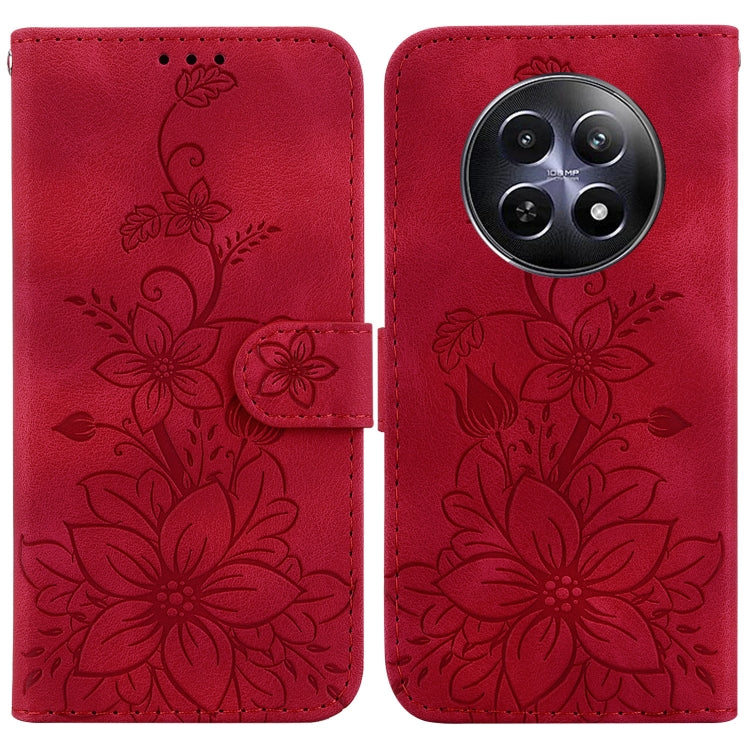 Red embossed floral leather phone case with magnetic strap and rear camera cutout