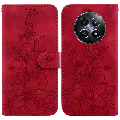 Red embossed floral leather phone case with magnetic strap and rear camera cutout
