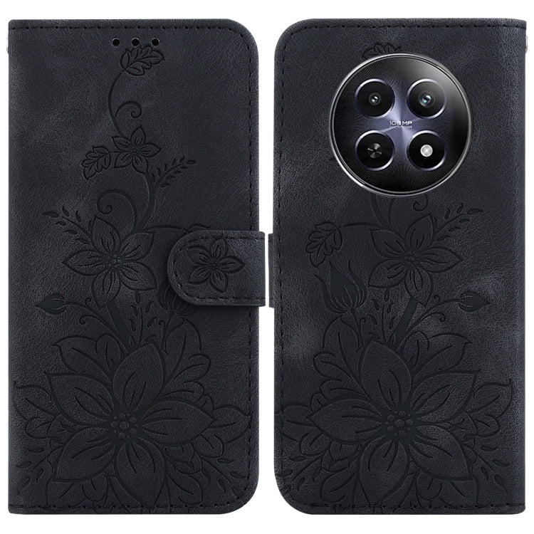 Black embossed floral leather phone case with magnetic strap and rear camera cutout