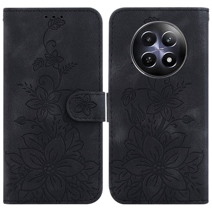 Black embossed floral leather phone case with magnetic strap and rear camera cutout