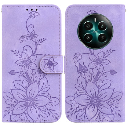 Purple embossed floral leather phone case with magnetic strap and camera area cutout