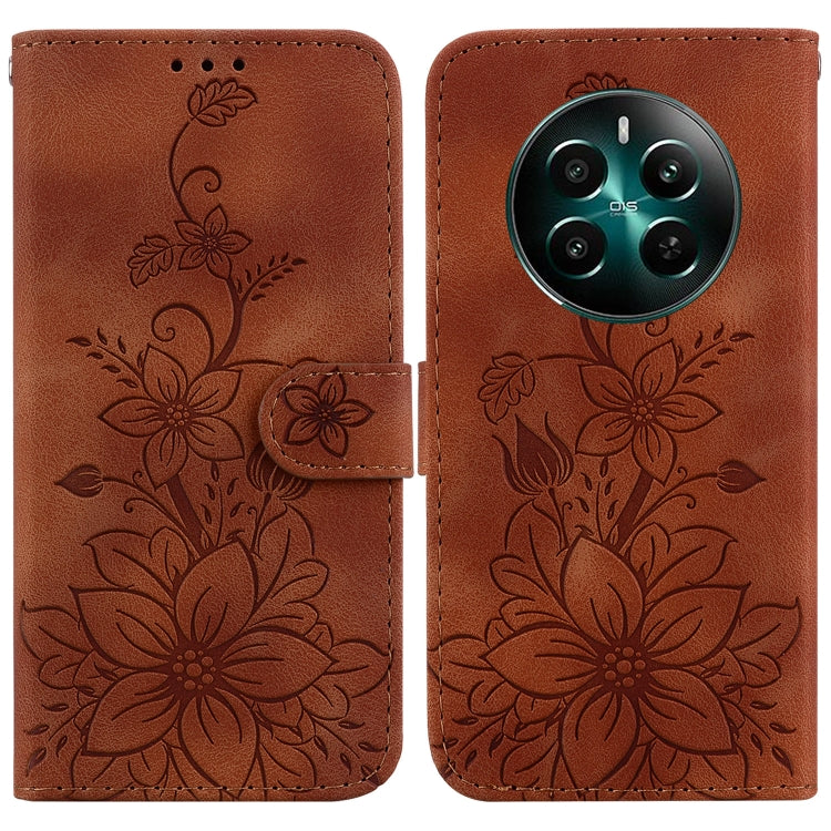 Brown embossed floral leather phone case with magnetic strap and camera area cutout