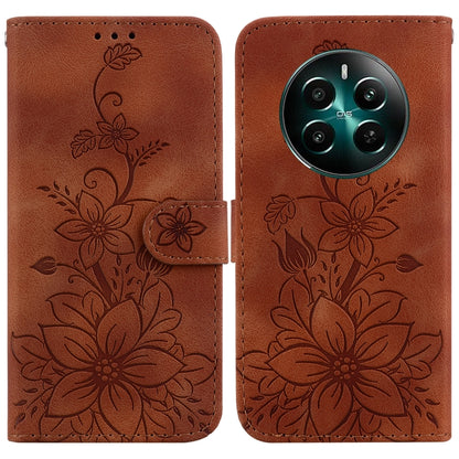 Brown embossed floral leather phone case with magnetic strap and camera area cutout